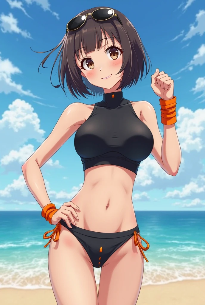 (masutepiece, Best Quality:1.2), Cowboy Shot, Solo, 1girl in, Hiryū, Smile, Looking at Viewer,Orange Bikini , partially fingerless gloves、The background is professional wrestling、is standing、Facing the front