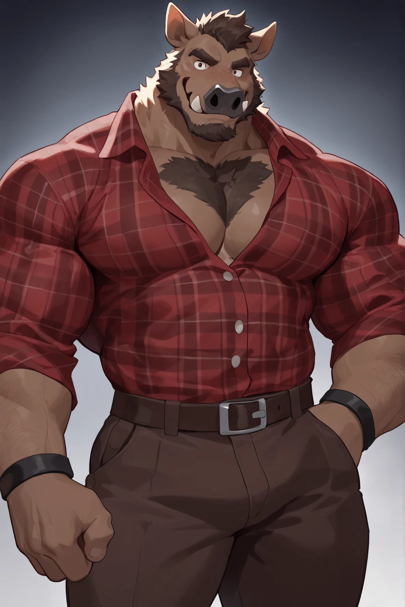 e621, ((oil painting \(medium\), by Seyrmo, by Rayhuma)), solo hyper musclegut male ((gorilla,prick ears,brown fur, hyper pecs, lactation pecs, cumming through underwear, fur on cheek, long muzzle, brown monkey tail muscular abs,(brown body:1.5), big smooth muscles, glowing mono red eyes,biceps,onecolored body,summer,sharp fangs)), (flannel shirt:1.5, shorts:1.1), ((open topwear, tight:1.2)), (crossed arms, standing, :p), giga, (medium close-up, low-angle view:1.1), BREAK, (office, sunny day), (detailed background, (white walls, open small window, plants on sill:1.2), full body shadow, sunlight, ambient light on the body), (masterpiece, best quality, ultra realistic, 4k, 2k), (high detail:1.3), film photography,