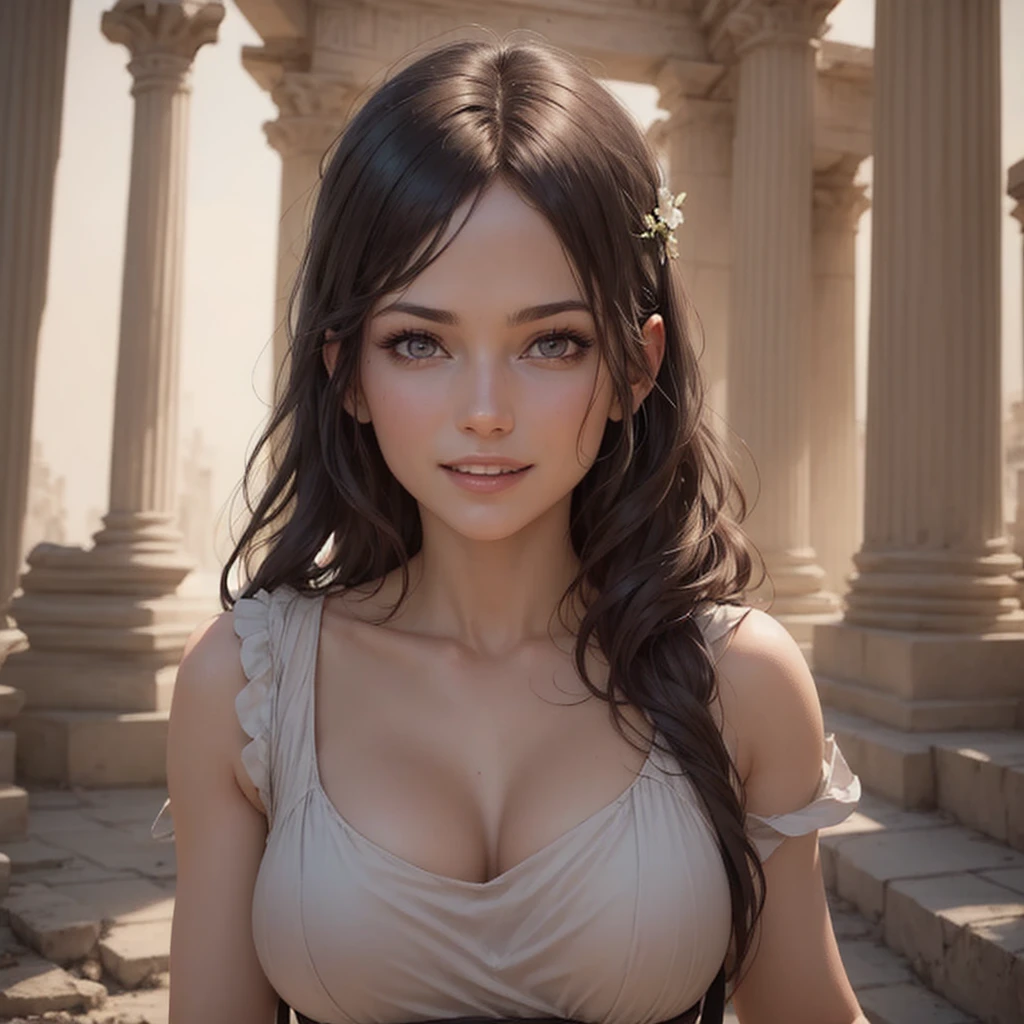 (very slender, incredibly toned body:1.3), wide hips, huge perky ass, very tanned white skin, long jet black hair, hair in crown braid, blue eyes, (most beautiful Mediterranean woman on earth, detailed face and eyes:1.5), looking at viewer, masterpiece, best quality, shallow depth of field, 8K HDR, huge breasts, 85mm photo, shallow depth of field, tack sharp, solo, 1girl, (extremely close to camera, downblouse, cleavage:1.2), centred in frame, facing camera, from the front, plump full lips, exaggerated hourglass physique, zero body fat, muscle definition, striations, broad shoulders, deltoids, tiny waist, long lean torso, real hands, (extremely seductive, ancient Greek goddess, white toga, flirtatious smile, mount olympus, starry night, dark setting:1.2)