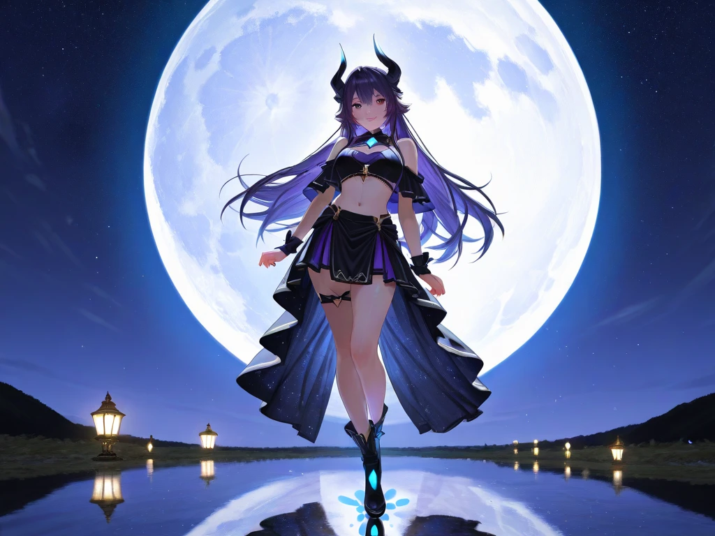 1woman, Hairstyle: long straight dark blue hair with hairclip, expressive eyes, pink eyes(glowing), faint smile, perfect face, medium waist and voluptuous body, pale skin(extreme), wearing Chaldea uniform, Pose: Fullbody, Hands hidden behind back, Standing in water reflecting galaxies, Background: Welsh Castle ruins at night, chiaroscuro, 8k, best quality, absurdres, from below, looking at viewer, 