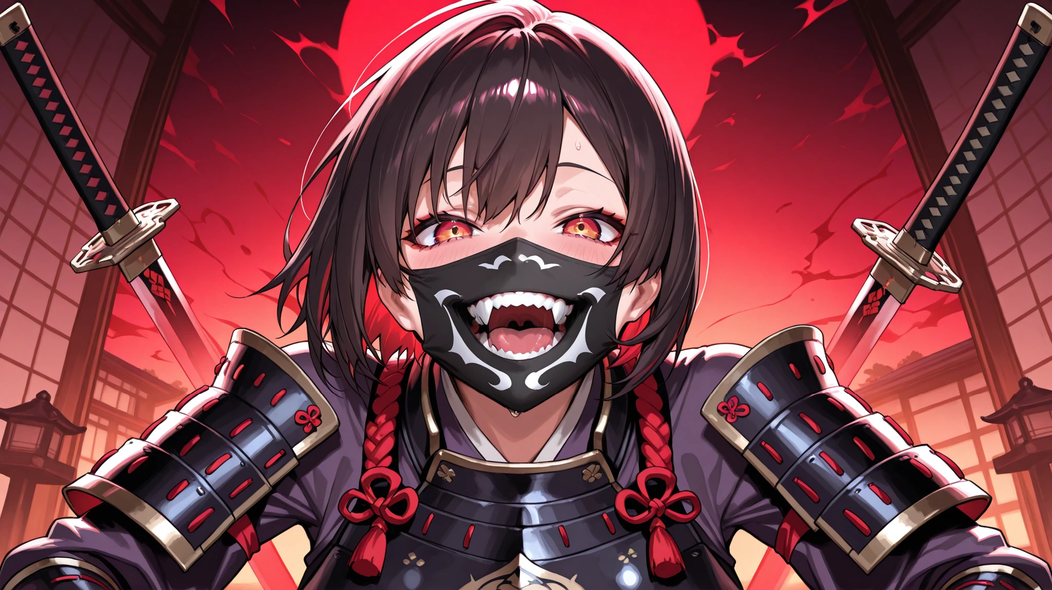crazy atmosphere、A Japanese woman with a smile、short hair、Armor、traditional Japanese armor face mask that covers the mouth and cheeks with a demon's mouth design、Draw your sword、sex、masterpiece、Highest Quality、8k