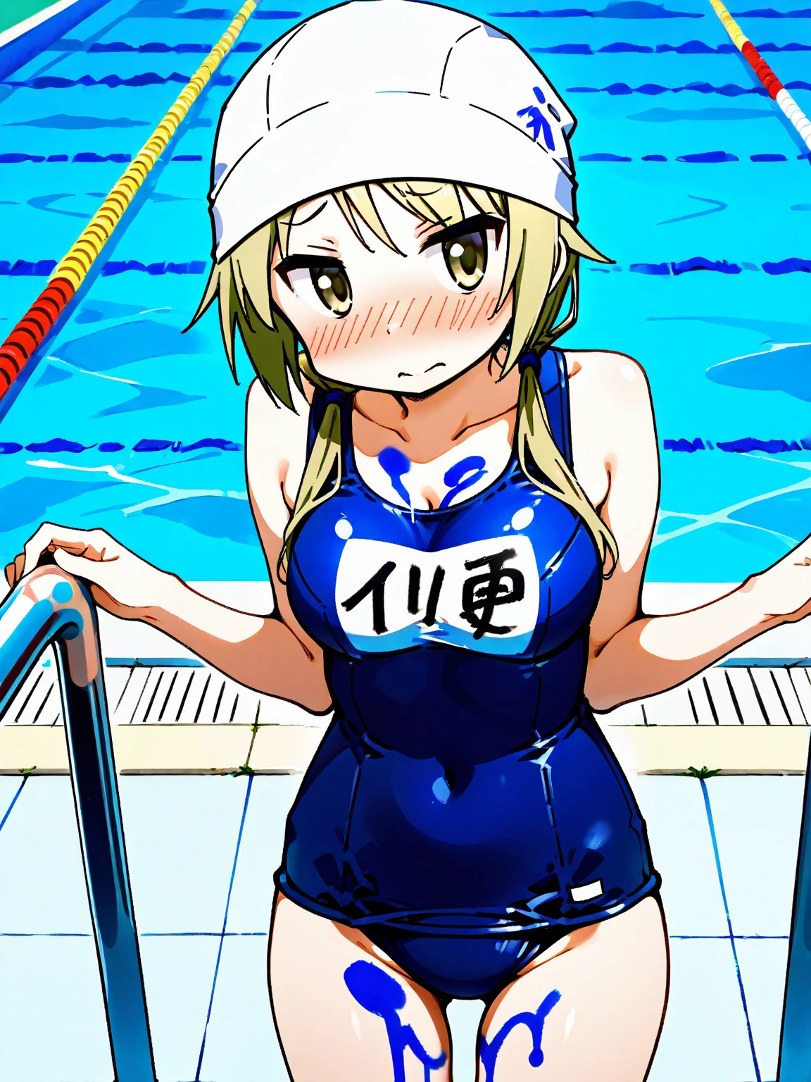 aira shiratori, green eyes, :D, smile, happy, blonde hair, detailed eyes, detailed face, sukumizu, school swimsuit, bare shoulders, shy