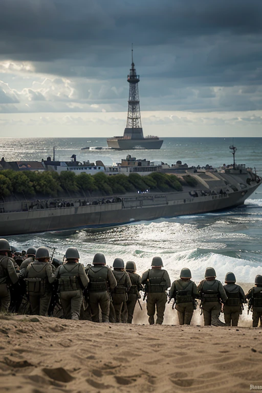 In the heart of a vast military base, an intricate dance of preparation unfolds before your eyes. Soldiers clad in camouflage uniforms, each carrying weapons at the ready, march in perfect formation. The crisp sound of their boots striking the ground echoes through the air, a testament to their discipline and focus.
In the background, warships sail majestically on the horizon, their sails billowing in the wind. Their powerful engines hum softly, a constant reminder of the raw power behind this military buildup. Artillery positions are scattered throughout the base, the barrels of the guns gleaming under the midday sun, their readiness palpable as they wait for the orders to