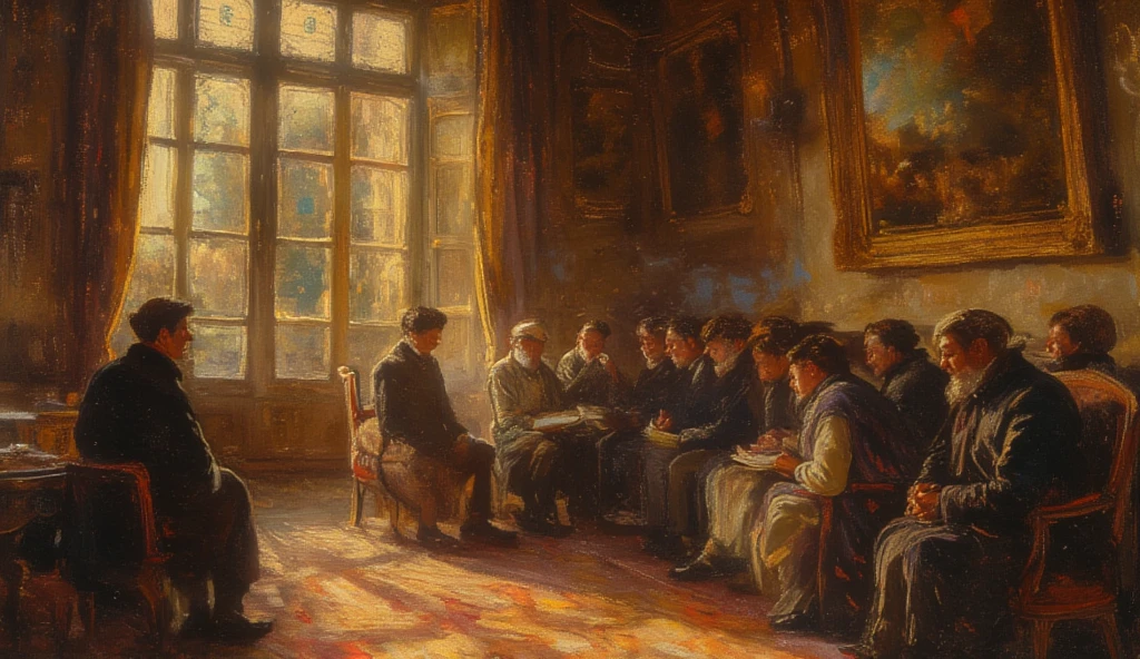 Create a scene of Enlightenment-era artists, painters, and sculptors in period clothing discussing and illustrating their ideas. The setting should be a grand salon or an artist’s studio filled with easels, sculptures, and paintings in progress. The artists should be dressed in 18th-century attire, engaged in lively conversation and creative work. Include notable figures such as painters with their palettes, sculptors chiseling marble, and thinkers with manuscripts and sketches. The atmosphere should be vibrant and intellectual, reflecting the spirit of innovation and creativity of the Enlightenment. The background should feature elements of classical architecture and art, emphasizing the cultural and historical context.





