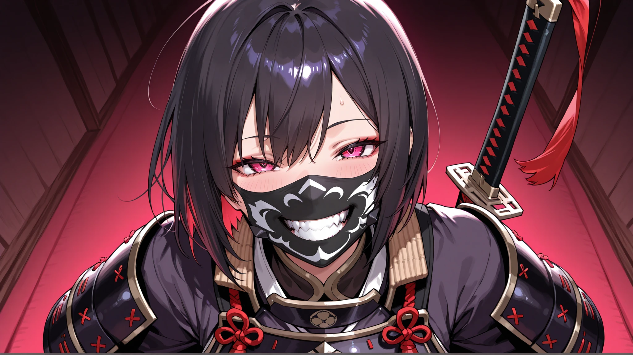 crazy atmosphere、A Japanese woman with a smile、short hair、Armor、traditional Japanese armor face mask that covers the mouth and cheeks with a demon's mouth design、Draw your sword、sex、masterpiece、Highest Quality、8k