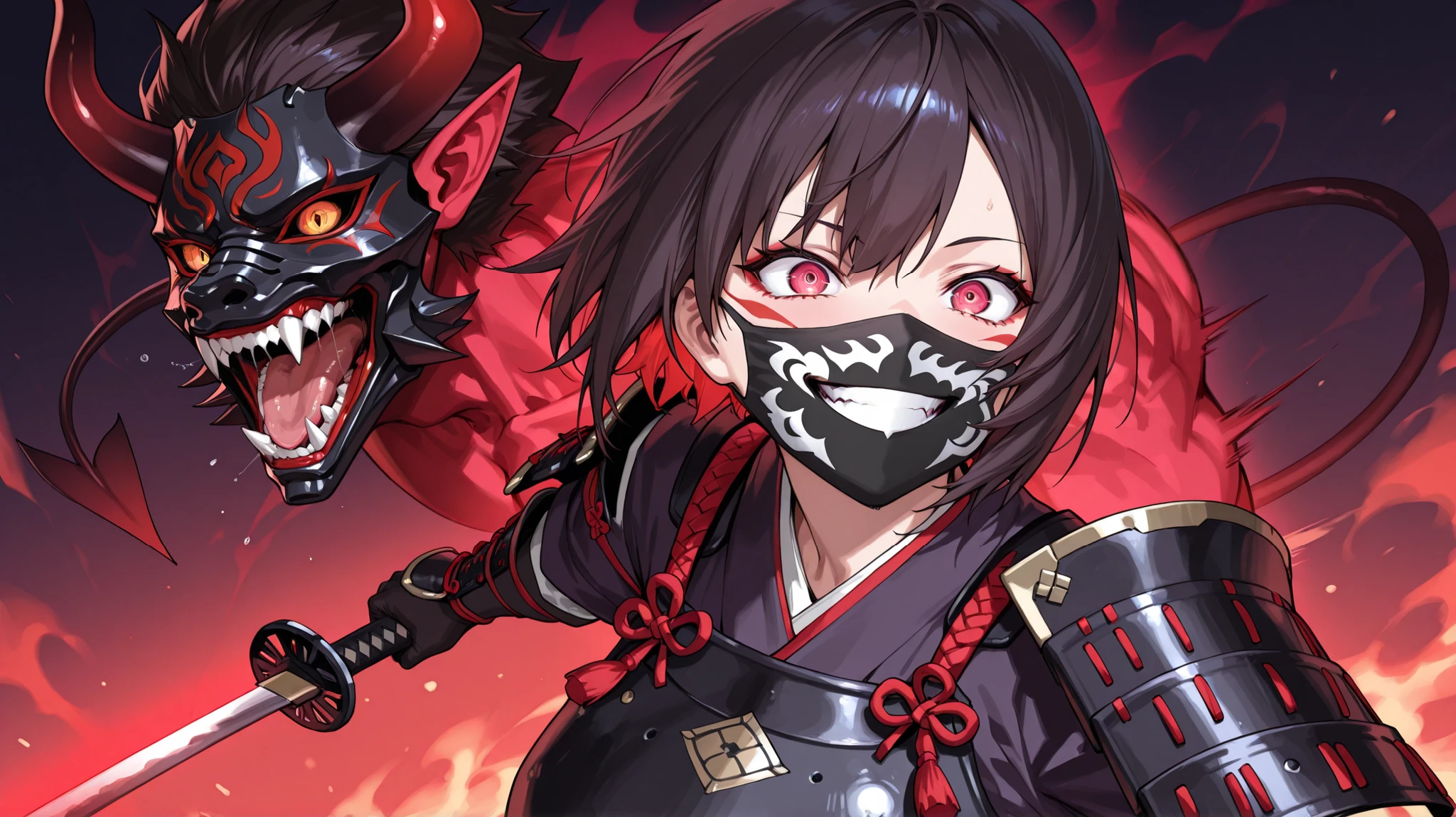 crazy atmosphere、A Japanese woman with a smile、short hair、Armor、traditional Japanese armor face mask that covers the mouth and cheeks with a demon's mouth design、Draw your sword、sex、masterpiece、Highest Quality、8k