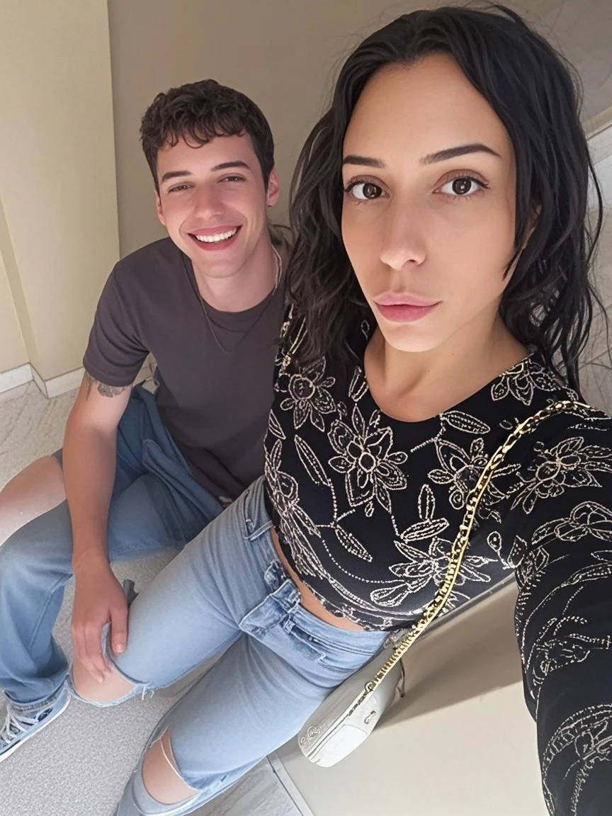 Araffes con una camisa negra y una falda blanca sentada junto a un hombre., 18 years, 16 years old, hermosa novia, foto de perfil, violeta myers, flequillo blancopelo negro, aser duran, imagen de perfil, 21 years, angelablanca, modelo de instagram, muy baja calidad, julia fuentes, 22 years pixar