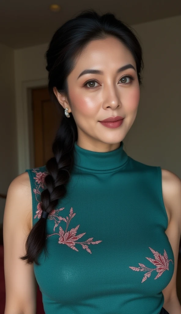 dark asian brunette, huge lips, botox lips, smokey eyes, lots of eye shadow, no exposure, no nudity, safe for work, sfw, conceal sensitive areas, non explicit, long neck, very sharp jawline, sharp features, big braid, green santas elf costume, sfw, safe for work, UHD, 8K