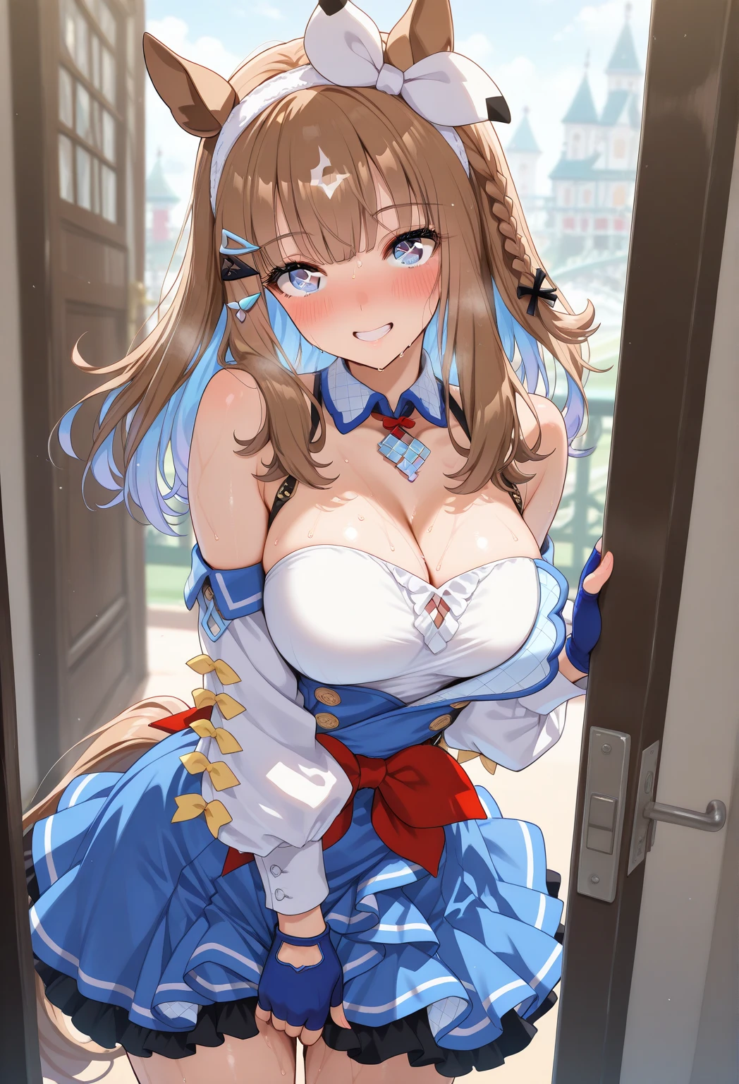 NSFW,((1man with 1woman,Having sex)), Cowgirl,Riding on top of a naked man,vaginal,SEX,bared chest,Revealing clothes,(masterpiece:1.2、top-quality)、(Beautiful Eyes of Details:1.2)、(the Extremely Detailed CG Unity 8K Wallpapers、masterpiece、top-quality、ultra-detailliert、Best Shadows)、beautiful detailed brilliance、brown haired、 Red Eyes、Machikanetanhuiza、Uma Musume(Umamusume)、Marl、blue headwear,embarrassed from、blue headwear、Cap on one ear、