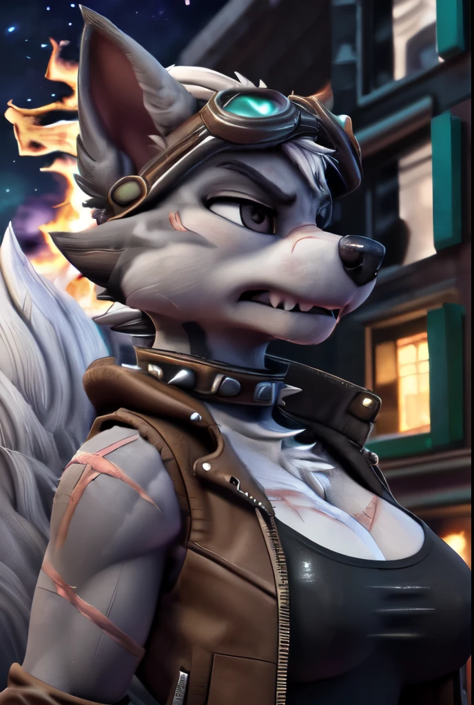 Gasket, ((Paw Patrol)), ((female solo)), domestic dog, female, adult female, brown eyes, (((gray fur)), ((gray body)), (wearing brown leather jacket:1.55), (wearing spike wristband:1.25), (large breasts:1.25), (huge breasts:1.45), (hair over eyes:1.25), (white hair:1.25), ((sharp teeths)), ((large fangs)), gray eyes, (Shiny eyes:1.6), ((Pixar eyes)), perfect eyes, ((glowing eyes)), (hyper realistic:1.65), long fluffy tail, very large tail, tail up, very furry and fluffy, ((very large fangs)), perfect ligthing, (Cyberpunk city at night background:1.25), (building at fire at background:1.65), (front side view:1.45), looking at Viewer, ((seductive break)), ((spread legs)), spread legs, (rajii:1.1) (dimwitdog:1.1), (thesecretcave:1.25), (cooliehigh:1.1), (miles-df:1.1), (complextree:1.1), (pixelsketcher:1.1), (foxovh:1.1), (zaush:1.1), (avante92:0.70), (meesh:1.1), (inu-sama:0.80), (cervina7:1.1), (F-R95:0.70), (R-mk:1.1), (xpray:1.1), (standing tall:1.65), (large fluffy tail:1.65), (close up to face:1.35), (angry expression:1.45), (scars all over her body:1.65), (wearing long goggles over head:1.65), (starry:1.25), (nebula:1.25), botw style, (wearing black tank top under jacket:1.45), (wearing spike collar:1.25), (3D render:1.25), nagatiti