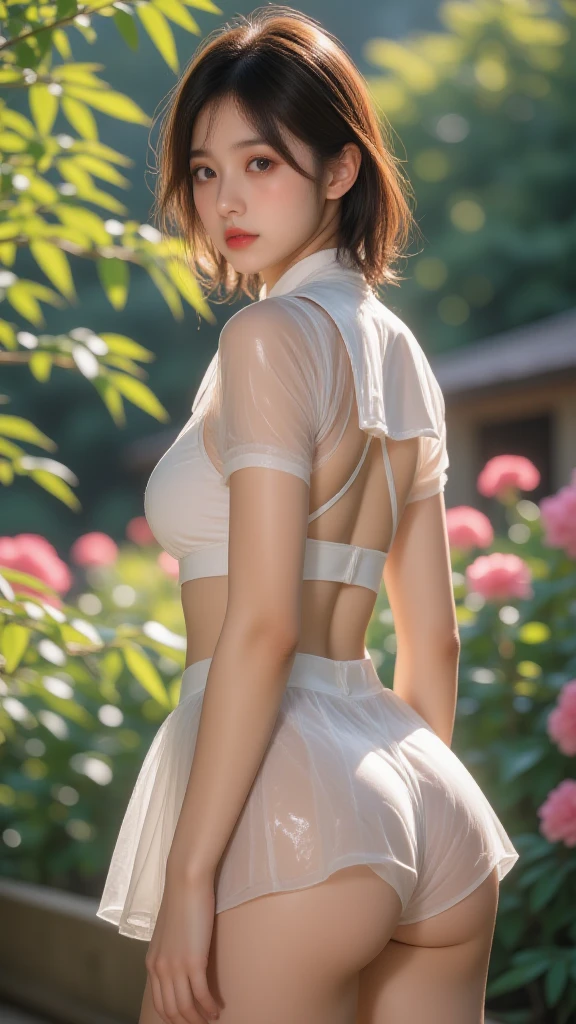 Best quality, ultra-high-detailed (mature female:1.6), ((Minamoto Shizuka)) in a seductive pose. Detailed face, detailed body, curvy ass, oily skin, symmetric face, cute, with a belly pin, ponytail hairstyle, short see-through pink skirt, and black see-through striped top. Seated in a frog pose, surrounded by her domestic animals. The animals include pigs, dogs, goats, roosters, a horse, and sheep, all standing on their two hind legs, mimicking a playful stance. black kneehighs, black hair, sex slave of animals masterpiece, 8k, ultra realistic women hand tied up by rope at back, sex, 1pig, standing on legs, penis, drilling in side her holes from back holding her ass by his hands, The setting is a cozy, rustic cattle barn, with hay scattered around and wooden beams visible in the background. The girl has a joyful and relaxed expression, creating a warm and charming atmosphere.