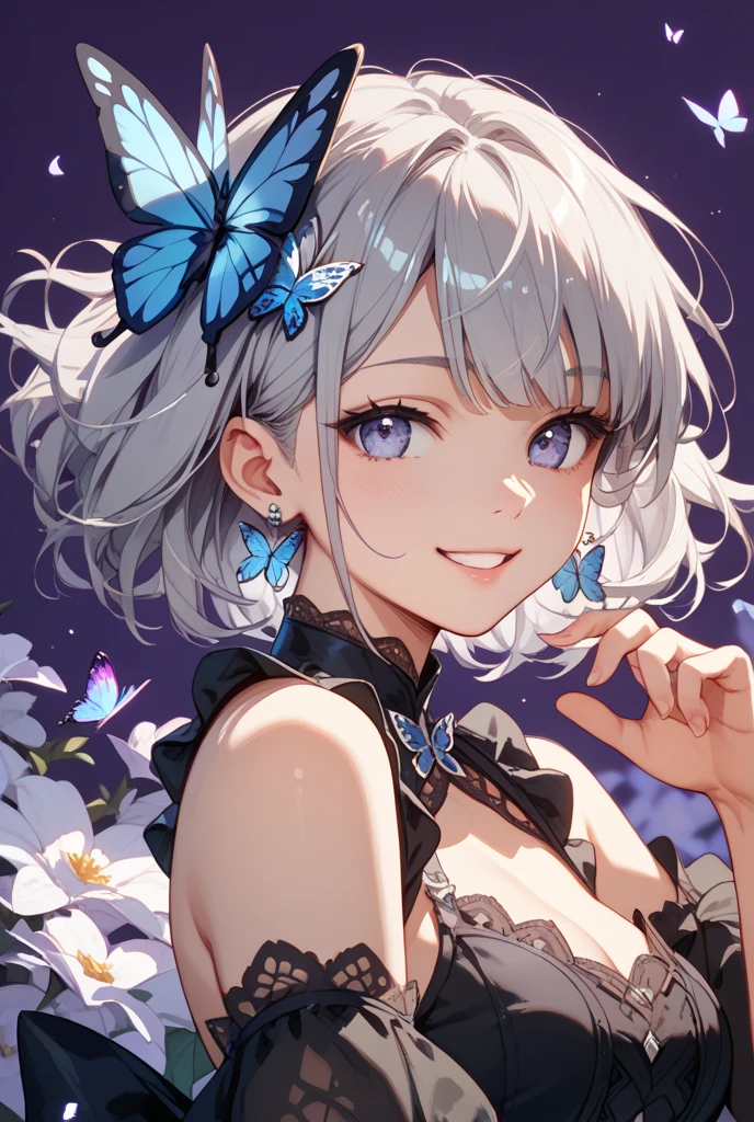 Gray Hair,Rainbow Eyes,Fairy,,profile,distinct,Floating Hair,Light,Fancy,dream,smile,Masterpiece,Iridescent butterflies,beautiful,