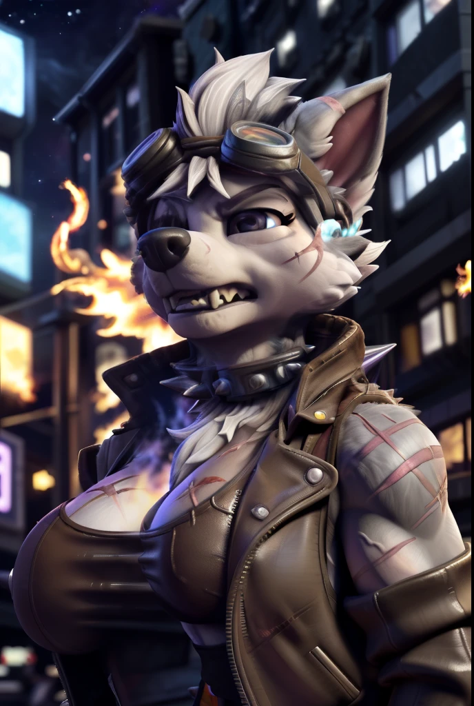 Gasket, ((Paw Patrol)), ((female solo)), domestic dog, female, adult female, brown eyes, (((gray fur)), ((gray body)), (wearing brown leather jacket:1.55), (wearing spike wristband:1.25), (large breasts:1.25), (huge breasts:1.45), (hair over eyes:1.25), (white hair:1.25), ((sharp teeths)), ((large fangs)), gray eyes, (Shiny eyes:1.6), ((Pixar eyes)), perfect eyes, ((glowing eyes)), (hyper realistic:1.65), long fluffy tail, very large tail, tail up, very furry and fluffy, ((very large fangs)), perfect ligthing, (Cyberpunk city at night background:1.25), (building at fire at background:1.65), (front side view:1.45), looking at Viewer, ((seductive break)), ((spread legs)), spread legs, (rajii:1.1) (dimwitdog:1.1), (thesecretcave:1.25), (cooliehigh:1.1), (miles-df:1.1), (complextree:1.1), (pixelsketcher:1.1), (foxovh:1.1), (zaush:1.1), (avante92:0.70), (meesh:1.1), (inu-sama:0.80), (cervina7:1.1), (F-R95:0.70), (R-mk:1.1), (xpray:1.1), (standing tall:1.65), (large fluffy tail:1.65), (close up to face:1.35), (angry expression:1.45), (scars all over her body:1.65), (wearing long goggles over head:1.65), (starry:1.25), (nebula:1.25), botw style, (wearing black tank top under jacket:1.45), (wearing spike collar:1.25), (3D render:1.25), nagatiti