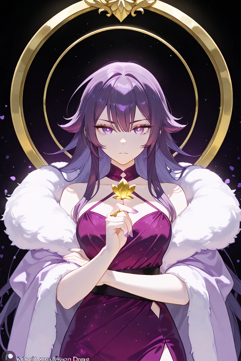 Vampire Queen Small Breast Combat Dress ( Radiant Royal Cloak: 1.1) Black and Purple Color Sexy Devil Aura Original Character Masterpiece Tempting Purple Eyes (Multicolor High Ponytail 1:1.2) Purple Gemstone Accessories Gold Belt, Gold Necklace, Wind Evil Effect, Soft Moonlight , extremely delicate beautiful eyes, unique crown, (Corruption Tattoo 1;1.25), naughty face, 16k, gorgeous, bare shoulders, cute, petite, solo , stars, stardust, (iridescent hair, colorful hair, half purple and half pink hair: 1.2), (left eye purple and right eye golden), wet body detailed, creative, charming, killing scenario, floating effect, magical, mythic, seducing, attractive, idol, league of legend design, bloody background, magical halo