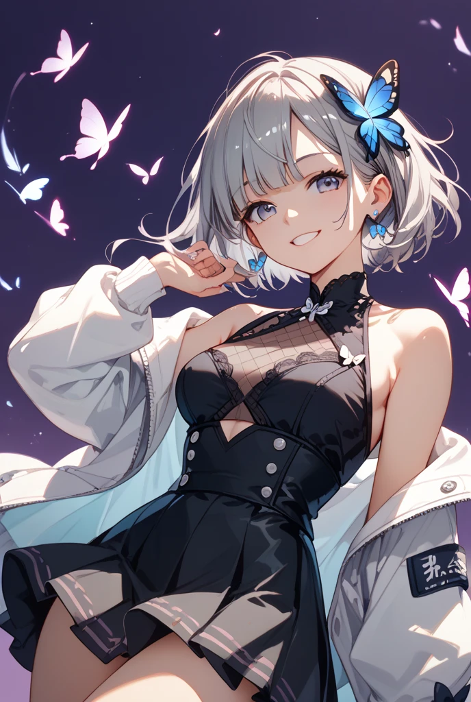 Brown Hair，Shortcuts，Messy Hair，Slender beauty，A dignified posture，Small chest，Beautiful feet，Her captivating grey-blue eyes shine like stars，Piriyon, alone, One girl, 黒いnail, jewelry, short hair, View your viewers, choker, necklace, put your hand on your face, Earrings, White Background, heart, Mouth closed, Grey Eyes, Manicure, Simple Background, Grey Hair, ear Earrings, black choker, smile, eyelash, lips, Put your hand on your cheek, bangs, bracelet, beads, gem, Earrings, nail