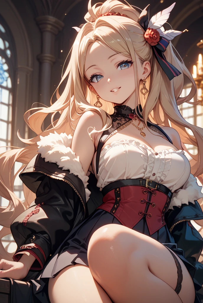 Adult Woman, Sexy Witch Cosplay, Long dark blonde wavy hair、off-shoulder knit, (darkblue pleated skirt), Medium milk, Blushing, Shy laughter, Bare shoulders、(Pose to lean forward and emphasize the chest)、(turned around)、sexy hips、puffy exy red bra、Red lace panties、Black High Heels、Luxurious magic wand and book、Church of the castle、sexy  pose、(((The skirt is rolled up by the wind)))、((buttocks visible))、((embarassed expression))