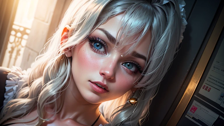 araffe with white hair and a choke and a choker, perfect white haired girl, white bangs, long white hair and bangs, white curly hair, white-hair pretty face, white fringy hair, curly white hair, hair whitebangs hair, china doll face, porcelain white face, glowing white face, ahegao face, girl with white hair