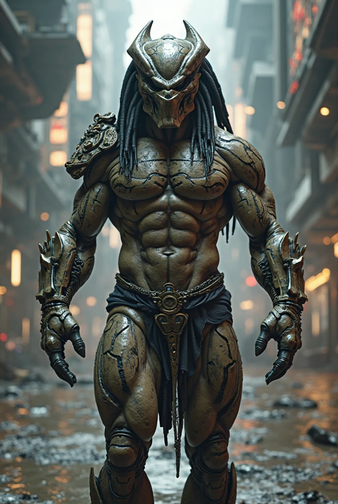 The Predator, wearing tattered and dirty clothes,,begged with a rusty empty can.,Street background,Depth of Field,High-resolution details,masterpiece