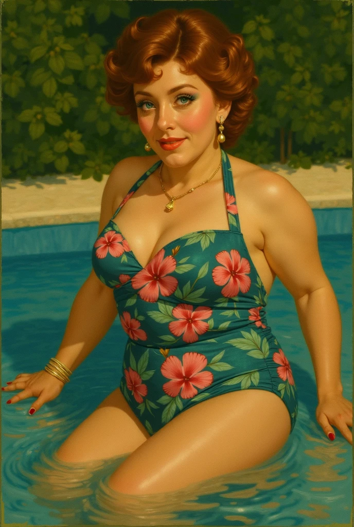 A colored pencil sketch of a beautiful granny swedish farm wife cosplaying as a thot, ((she has hefty glutes)), getting ready for a swim,