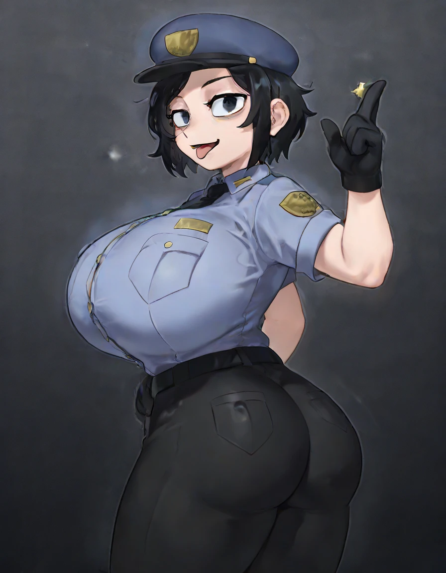 score_9,score_8_up,score_7_up,score_6_up,score_5_up,score_4_up,score_anime,solo, ahoge, (gigantic breasts),hair horns, policewoman, police uniform, tight, cowboy shot, smile, black hair, long hair, undersized shirt, underboob, very short skirt, krekkov