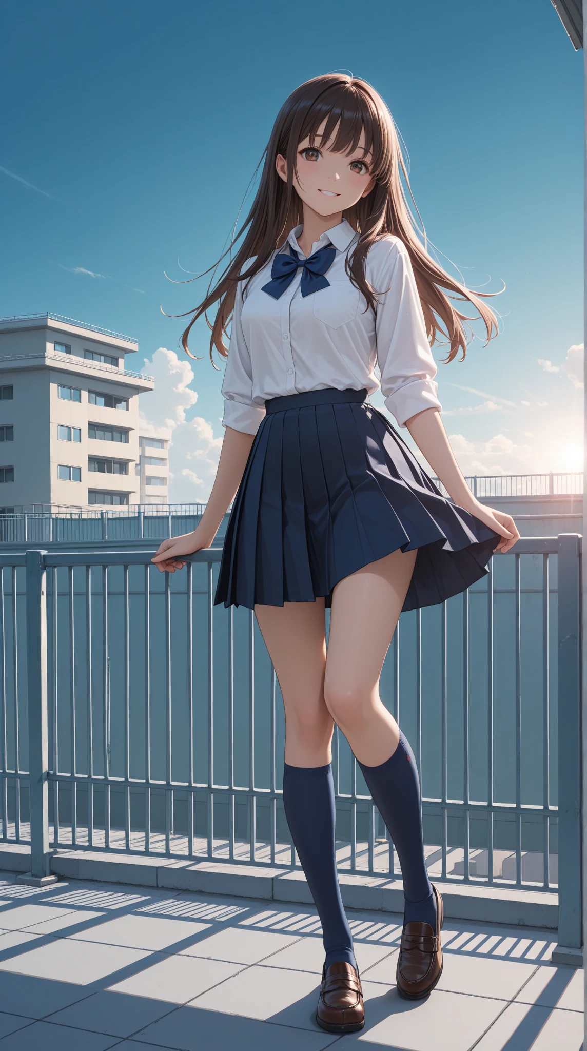 Raw photography:2、 Highest Quality、 realisitic:2、Photorealsitic:2、masterpiece、extremely delicate and beautiful、finely detail、ultra-detailliert、hight resolution、Textured skin、1girl in、(Solo:2)、(Alone:2)、Japanese high school girl、18year old、(From thigh up)、(beauitful face:1.5)、Adult face、tall、middlebreasts、Brown Long Hair、high school summer uniform、(darkblue miniskirt)、White short-sleeved shirt、neck tie、(Bare legs:1.3)、(Black loafers:1.2)、(white panties:1.3)、(Sky from below:2)、heavy wind