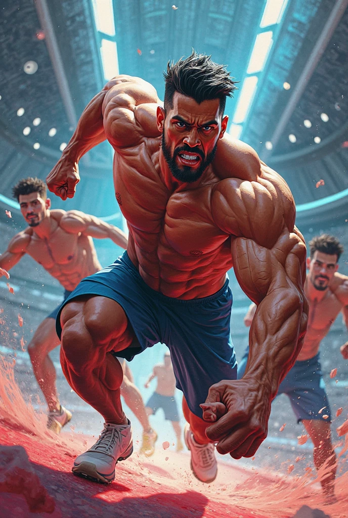 Ash Ketchum as a grown up big dumb muscular bodybuilder jock in a locker room flexing and staring blankly under hypnosis as he repeats, "Bigger... Dumber...." in a deep voice with his fellow hypnotized jocks. Hyper muscles. Big biceps. Big triceps. Broad shoulders. Big traps. Big lats. Big meaty pecs. Massive deltoids. Spherical glutes. Hyper swollen bulging crotch. Brainwashing. Hypnosis. Hypnotized. Bro. IQ drain. Dumber and dumber. Meathead. Musclehead. Mindless. Hypno. Mind control. Brain drain. Pokémon. Anime.