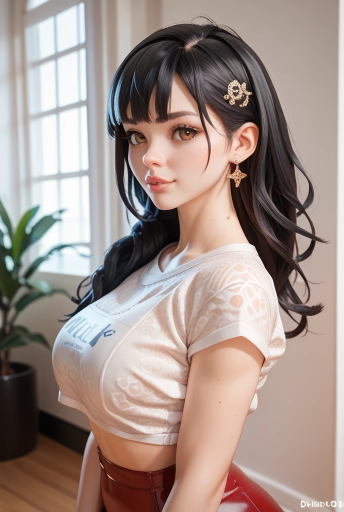 1girl, black_hair, breasts, cleavage, curtains, earrings, front-tie_top, jewelry, large_breasts, lips, looking_at_viewer, shirt, solo, tied_shirt, upper_body, white_shirt