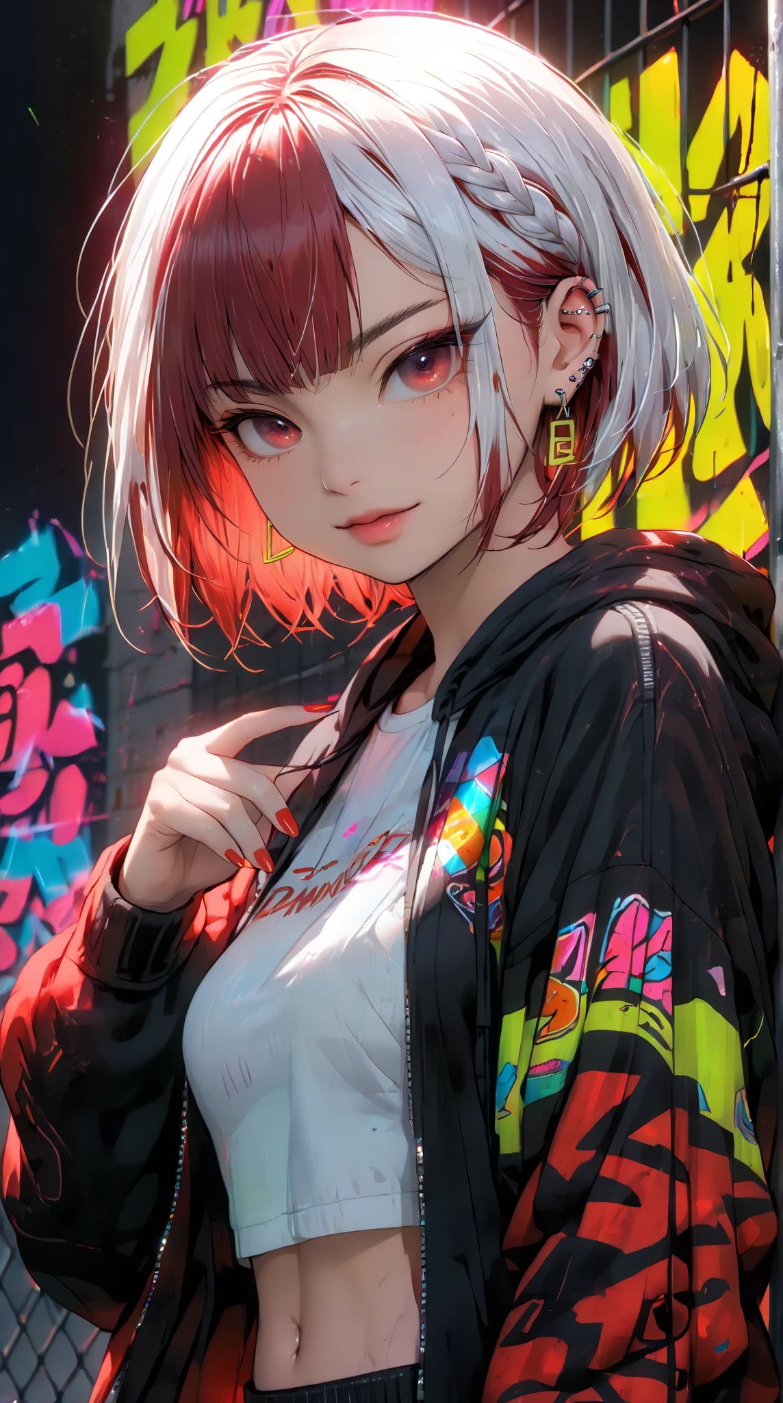 Chisato Nishikigi, Chisato Nishikigi, short hair, bangs, blonde hair, (red eyes:1.5), hair ribbon, one side up, Red hoodie　the front is open,wearing a hood,blow bubble gum, pink bubble gum,bob cut,Belly button tank top,denim shorts, choker, (graffiti:1.5), paint splatters, turn your arms behind your back, towards the wall, looking at the viewer , thigh strap, head tilt, was bored,break outdoors, Alley,break looking at viewer, (cowboy shot:1.5),
break (masterpiece:1.2), highest quality, High resolution, unity 8k wallpaper, (shape:0.8), (beautiful and detailed eyes:1.6), highly detailed face, perfect lighting, Very detailed CG, (perfect hands, perfect anatomy),