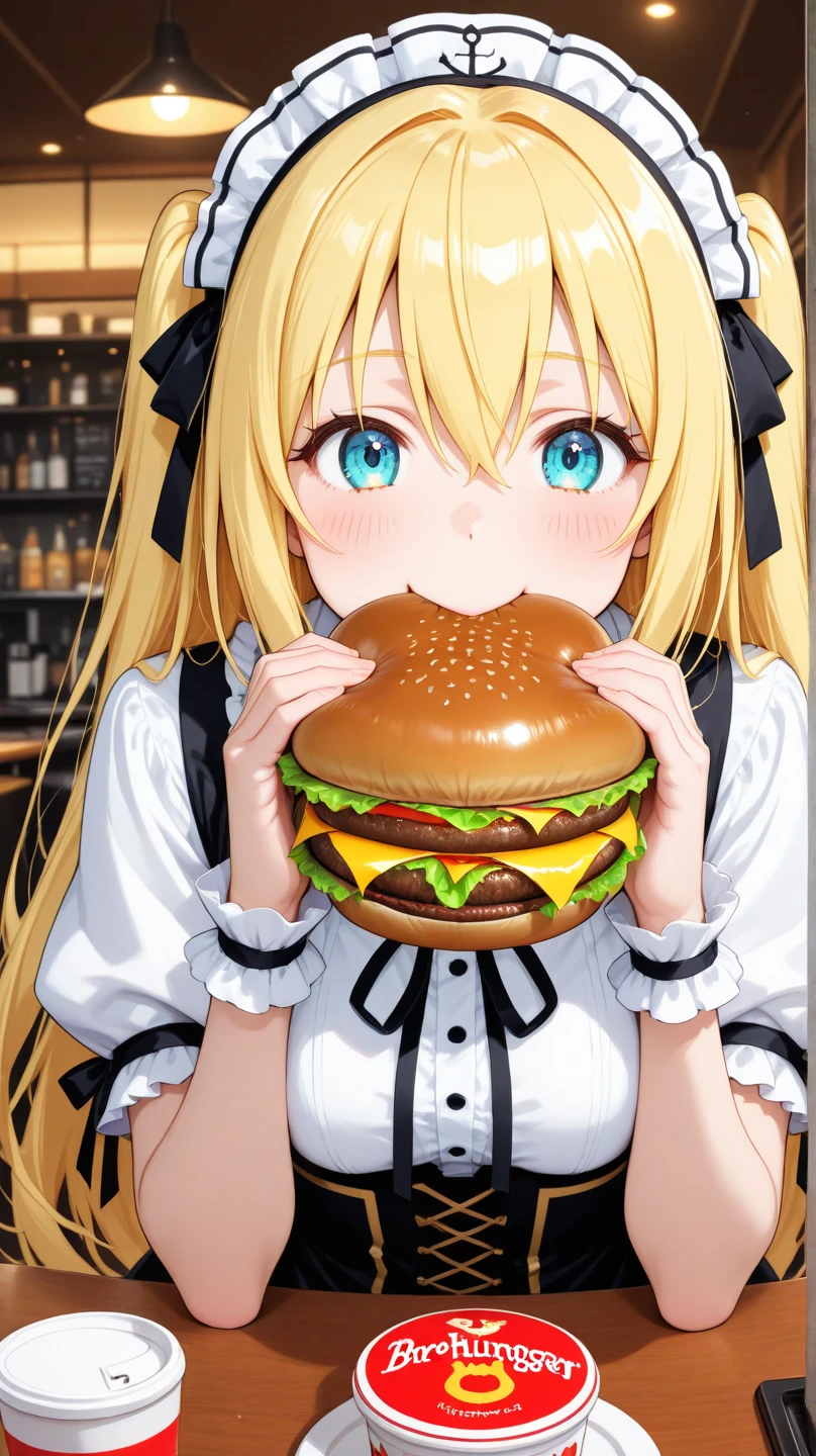 Eat a huge burger,Hamburger and fries set,Cola,Highest quality,Blonde with blue eyes、Lolita、Small breasts、Twin tails、girl'enjoy,smile,bonnet,Pleased as punch grin,