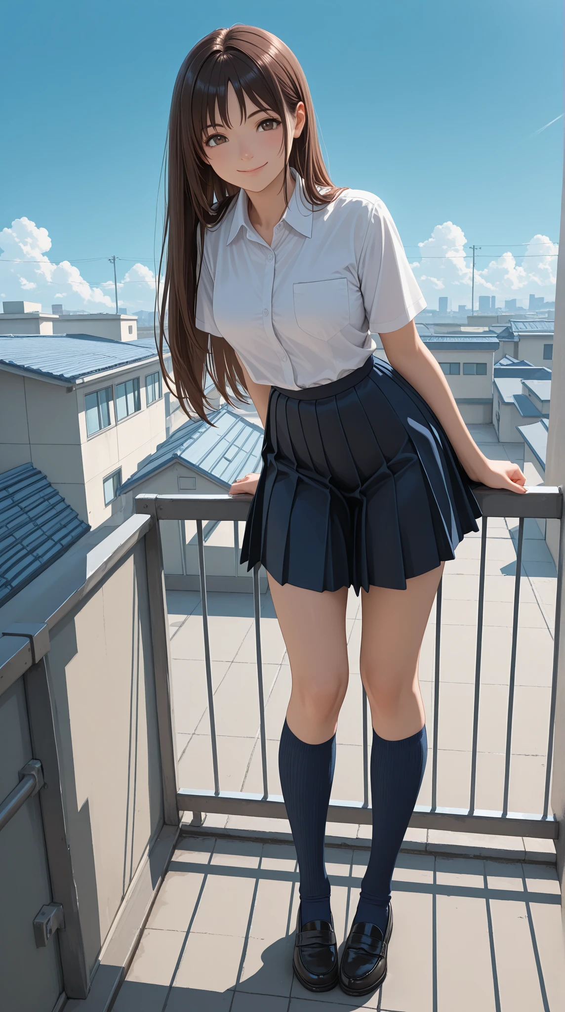 Best quality, masterpiece, super high resolution, original photo, detailed face, (realistic: 1.3), dramatic lighting,
1 girl, solo, smile, denim lens chestnut hair, castle, black thighs, high heels, long hair, brunette, open white shirt, super short pleated skirt, collared shirt, black footwear, short sleeves, outdoors, school uniform, sky, clouds, tie, black tie, looking at the audience, cityscape, building, shoes, lips, sky, brown eyes, railing, floating hair, ze tyron ikki, cloudy sky, from below, cleavage, beautiful buttocks