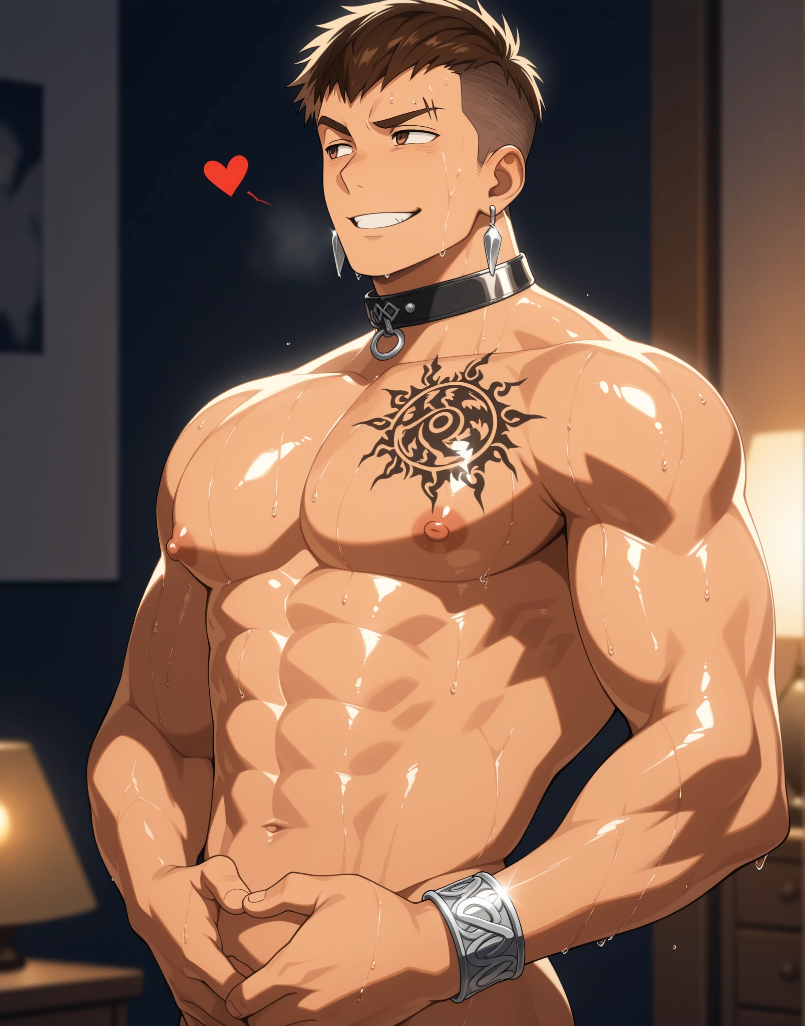 high quality, flexing, (darkskin japanese  boy:1.5), (detailed black eyes), (black short hair), (muscle:1.3), naked, (dark shiny skin), (crossed harness), (cum shot:1.3), (penis), (detailed puffy nipples:1.4), looking at viewer, candle, dark dungeon, 