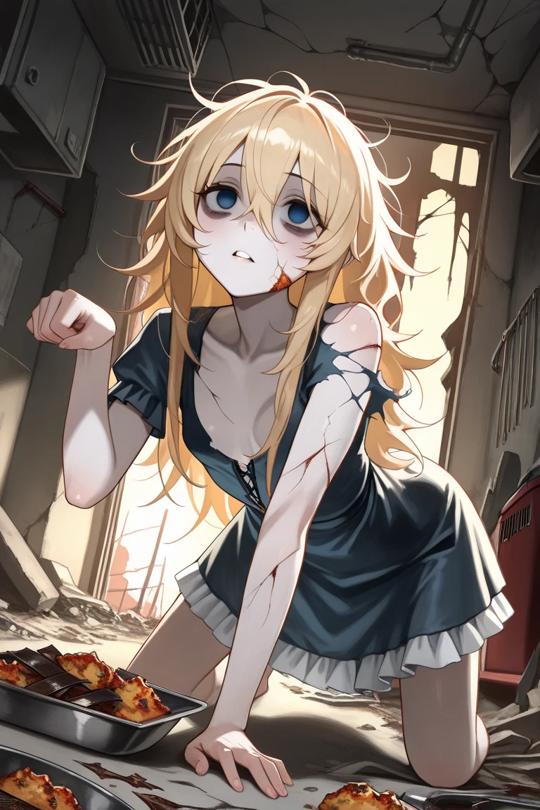 Rumia Tingel,1girl,solo,blush,illustration,medium hair,blonde hair,short ponytail,blue eyes,blush,medium breasts,healthy skin,cat ears,(((blood,tortured,bruise,pain))),high quality,ultra-detailed,realistic,photorealistic,portraits,bright colors,soft lighting. Arms behind back.