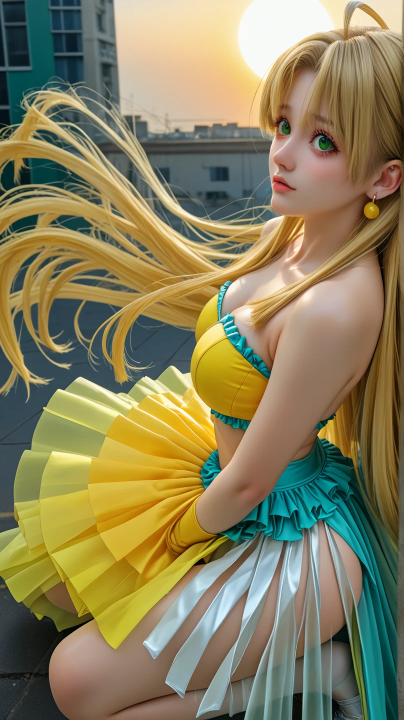 A brilliant high school girl who uses lightning、full body Esbian、、Gorgeous fluorescent green mini dress、、、、Idol face、create lightning with magic、fluorescent yellow roll hair、Luminescent