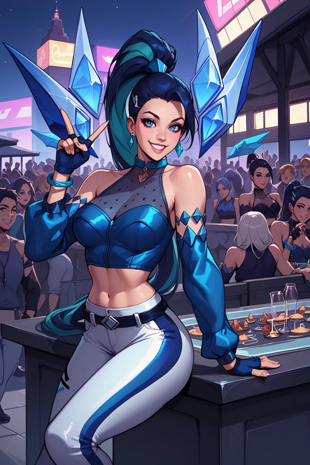 score_9, score_8_up, score_7_up, masterpiece, high quality
  allout, 1girl, short hair, multicolored hair, ponytail, hair ornament, earrings, collar, dark blue crop top, bare shoulders, midriff, detached sleeves, single fingerless glove, bracelet, belt, blue white pants, detached wings
on a rooftop, dj table, at night, crowd of people, victory sign, smile
