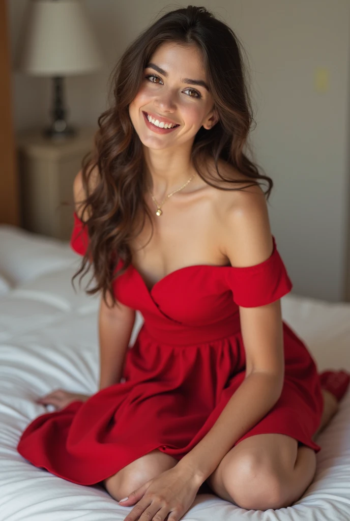 White woman sitting on steps in old european town, wearing red slip dress, you can see up her skirt, she is wearing lacy white knickers, she is smiling, depth of field f 1.8 portrait, Sophie Mudd, beautiful and attractive face, Beautiful model girl, beautiful face attractive, perfect face, long straight hair, brown eyes, natural soft pale skin, beautiful delicate face, Beautiful model girl, beautiful perfect face, subtle makeup, beautiful fine facial feature