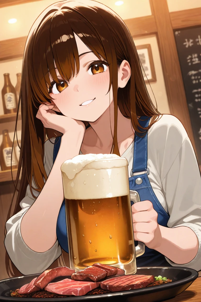 best quality, 1girl, office lady, drinking beer, izakaya background, happy expression, casual outfit, natural lighting