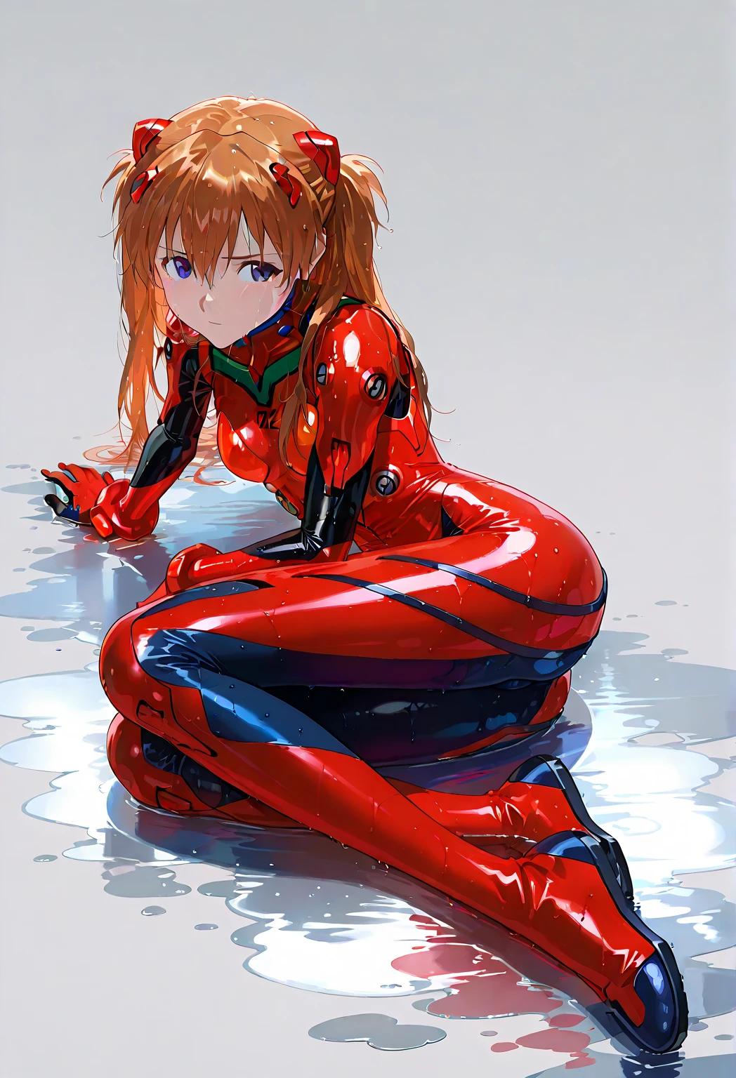 Kousaka honoka, tight , Blushing, huge breasts, (red bodysuit:1.2), solo, curvy body,street,on ground, embarrassed, wet body, laying on her side