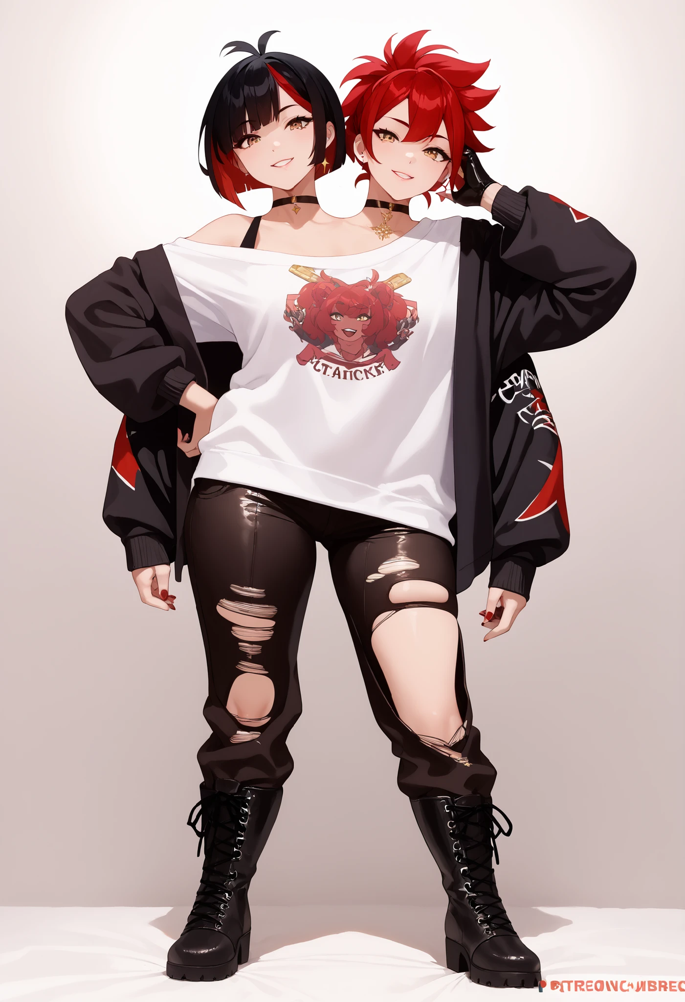 best resolution, anime woman with two heads, gold eyes, different hair colors, red hair, black hair, different hair-lengths, short hair, long hair, different hairstyles, spiky hair, straight hair, hair down, oversized white sweater, baggy sleeves, one shoulder bare, torn pants, gloves, high leather boots, chokers, four arms