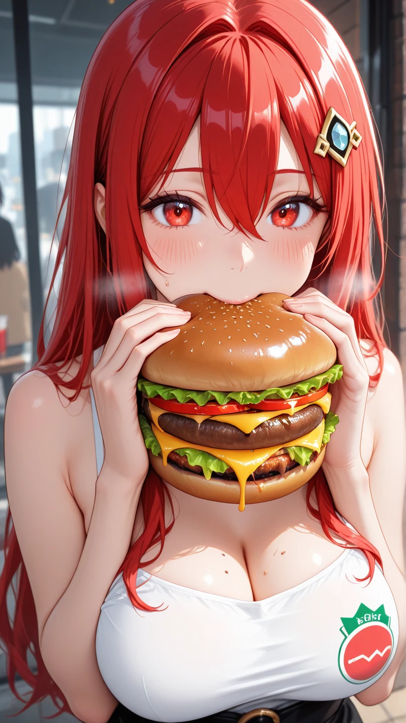 masterpiece, realistic, hyperrealistic, perfect face, 1girl, orange hair, ponytail, close-up, two-handed burger, holding a huge burger with both hands, eating