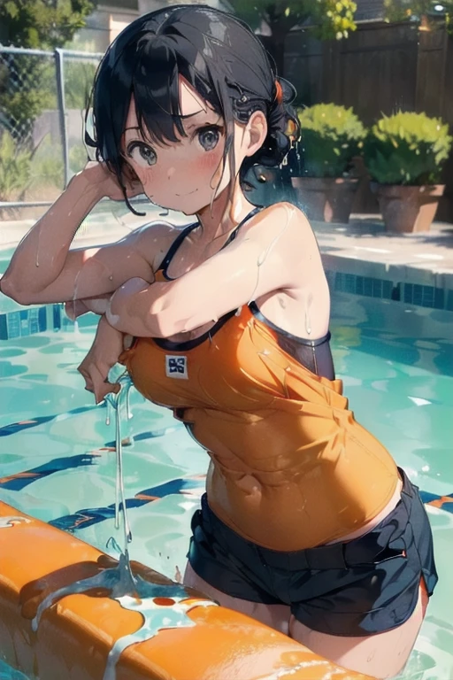 Orange swimsuit((Orange camisole,Navy blue piping),(Soaked with slimy liquid)),(Navy blue shorts),(A pool of slippery lotion),(Soaked with slimy liquid),Black Hair,Are standing,One beautiful girl,Big Breasts,Camisoles are available in any color other than navy blue,Shorts must be any color other than orange,Leaning forward,Cute eyes,Dissatisfied face,Slimy all over the body,