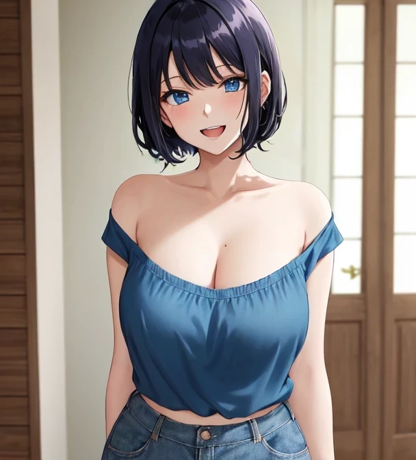 breasts, from_below, toes, crossed_arms, shiny_skin, girl,woman,female, young,20 years old, short hair, brown hair, Authentic and detailed face, light smile, complex details beautiful and delicate eyes, closed_mouth, Delicate arms and hands, human hands, cleavage, black eyes, short_dress, skindentation, blue Clothes, indoors, bloom, wallpaper 8k CG, highres, extremely CG,