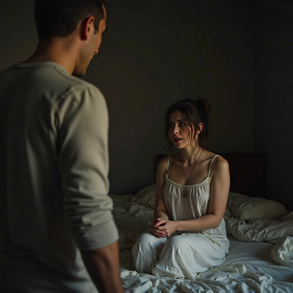 "A woman is on the back of a man, gently holding onto his shoulders, sharing an intimate and tender moment together, light clothes, 30s, round face, cinematic appearance, detailed.