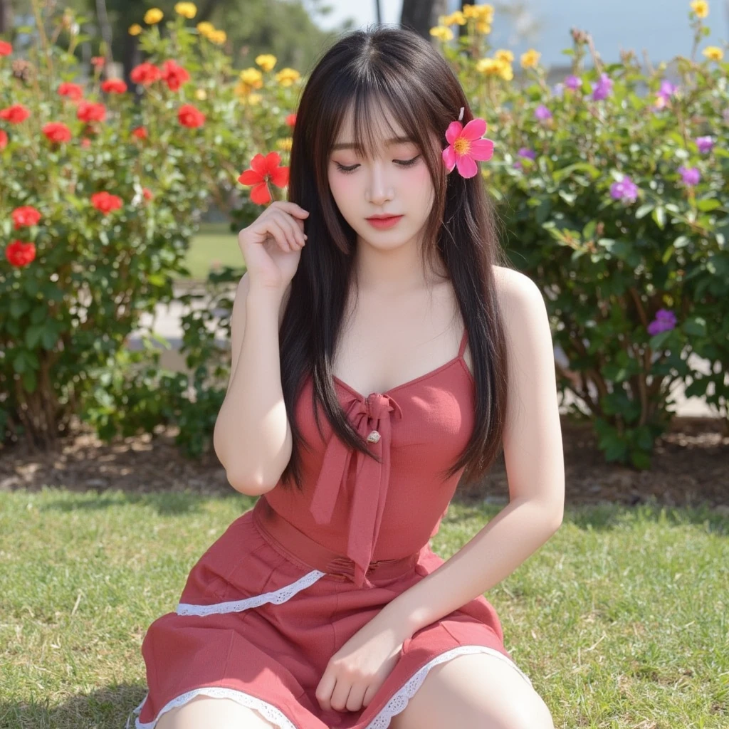 Asian woman in her fifties wearing a red dress sitting on the train tracks, Young Sensual Gravure Idol, Young and cute gravure idol, Young and skinny gravure idol, Young Gravure Idol, Ayaka, Young Japanese girl, Asian Girl, Japanese Model, realistic Young Gravure Idol, rumiko, Sana Takeda, young Asian Girl, A sophisticated gravure idol
