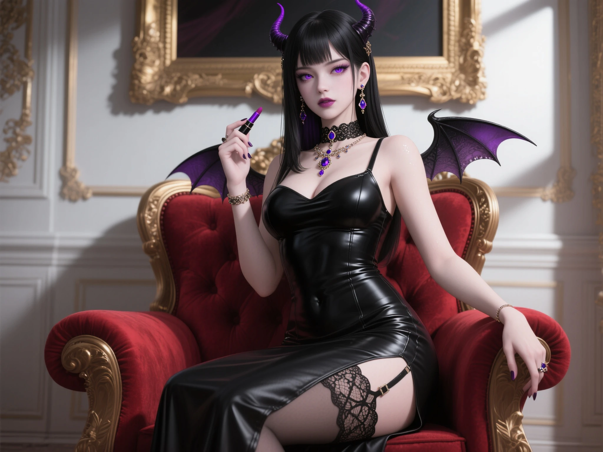 one girl, Dark Butterfly Wings , Black Dress, Gothic Style, Loita Dress, Black Boots, Black Stockings, Dark and Purple Hair , Eyes Shadows ++ , Darker Lips + , Gothic make-up, (Best quality:1.1), (Masterpiece:1.4), 1fille, (cheveux volumineux)+ , cheveux longs , (Yeux Bleux) , gros seins , (Large, dark lips)+ , peau brillante, brillant, starry night, dans une chambre, Bas dentelle,