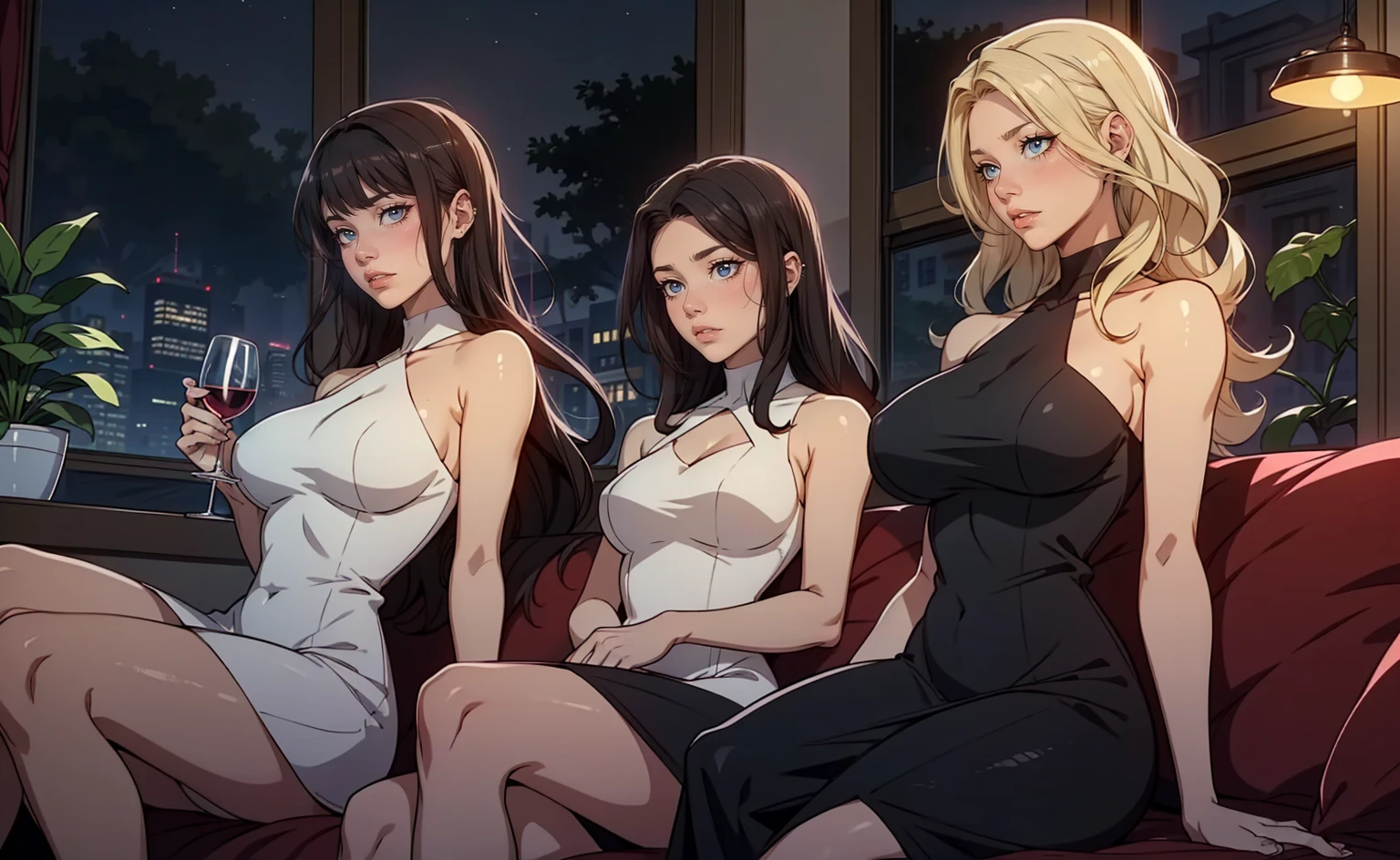 Three girls standing in the park at night,Clear sky in the background. Park benches and soft lighting, Rear photo, (Side photography), looking back at the viewer, (Masterpiece), ((Ultra-detailed)), (Highly detailed), (Expressionless), (Best quality: 1.2), 8K, hdr, A high resolution, absurderes: 1.2, Object perspective, Blurred background, Bokeh: 1.1, Lens flare, (vivd colour: 1.2), High quality texture, Detailed texture, High-quality lighting and shadows, a face with perfect proportion, full bodyesbian, Mature and excited body, Detailed skin texture, vibrant, pale and radiant skin, natural saggy breasts, gigantic bosom: 1.5, High waist, Narrow waist: 1.3, Wide hips, Full buttocks, Detailed beautiful face, (PureErosFace_V1:1.3)(Ulzzang-6500:0.4) Detailed beautiful eyes, Symmetrical eyes, Perfect eyes, Seductive eyes, Beautiful nose, High nose, Clear blush, Detailed lips, Earrings, hoop earings, necklace, jewelry, Sapphire heart necklace, Silver-toned high-heeled sandals, Seductive expression, Smile, Perfect hands, Delicate and beautiful fingers, Detailed beautiful legs, photo-realistic hair, detailed hairs, (Silver dress, Red dress, Blue dress), Chisato Nishiki, Long hair, Blonde hair, (Red eyes: 1.5), Hair ribbon, Bob cut, Red hair ribbon,),gigantic cleavage breasts,Japan goddess,blush,