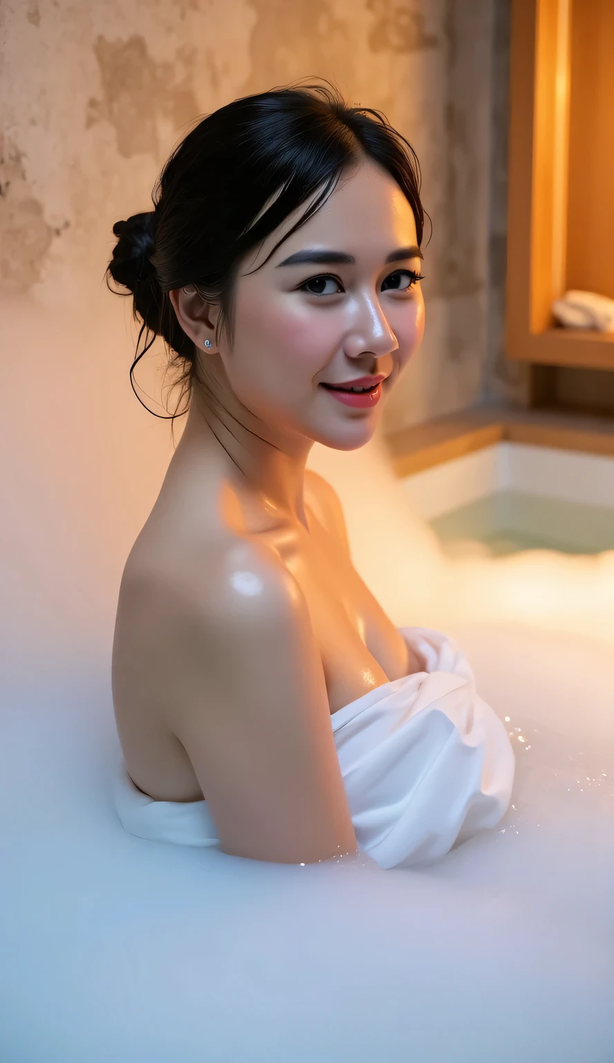 High Quality Hot Spring Magazine Cover,Side angle photo of a beautiful woman wrapped in steam,Figure soaking up to the shoulders, beautiful posture、An elegant hairstyle with black hair tied loosely tied up,Perfect Proportions,soft smile,(not wearing anything)、 beautiful décolletage,White Wet Skin and Hair,no makeup,open your mouth、An expression with an ephemeral sex appeal,An open-air bath with a secluded view of pure white hot water where a beautiful sunset sparkles on the surface of the water,The flashes of the sunset accentuate her silhouette and hair,romantic atmosphere, chiaroscuro,4K Hi-Res,HDR,PROFESSIONAL,realistic,Photorealistic,Precision Detail,Studio Writing,Bokeh,deep color,Refined Colors