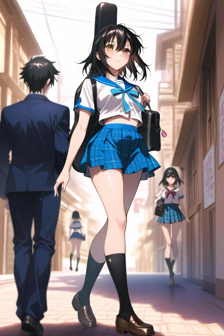 A man is running towards me crying as he turns around, chasing a girl wearing a blazer, blue checked skirt, cherry patterned panties and cherry patterned bra, with short black bob hair, erect nipples and pale pubic hair.、In front of the school building