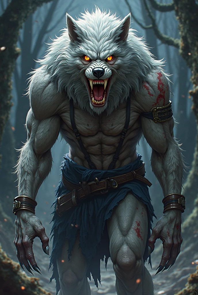 Werewolf guy, big, scary, yellow eyes, blackish gray fur, has black claws and is wearing black leather shorts --auto --s2