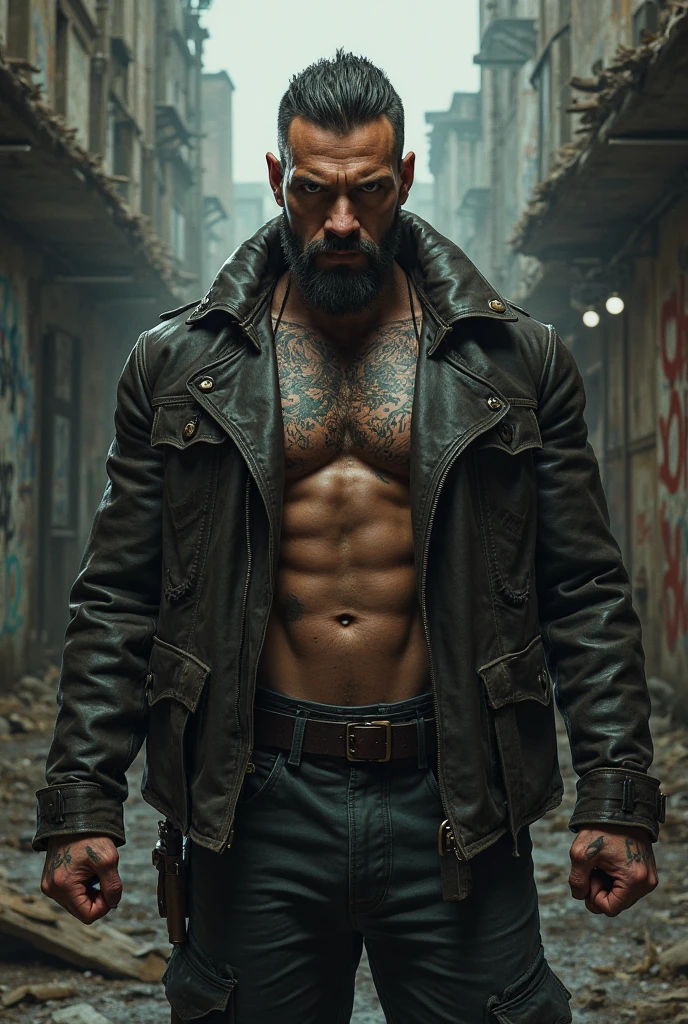 a muscular man in a long black leather coat, detailed facial features, extremely detailed muscular physique, prominent chest hair, masculine tattoos, large bulge in pants, fierce and intimidating expression, commanding pose, black mohawk, bearded face, clear and sharp lighting, photorealistic, cinematic, dark and moody, dramatic, hyper-realistic, high quality, 8k, ultra-detailed, physically-based rendering, studio lighting