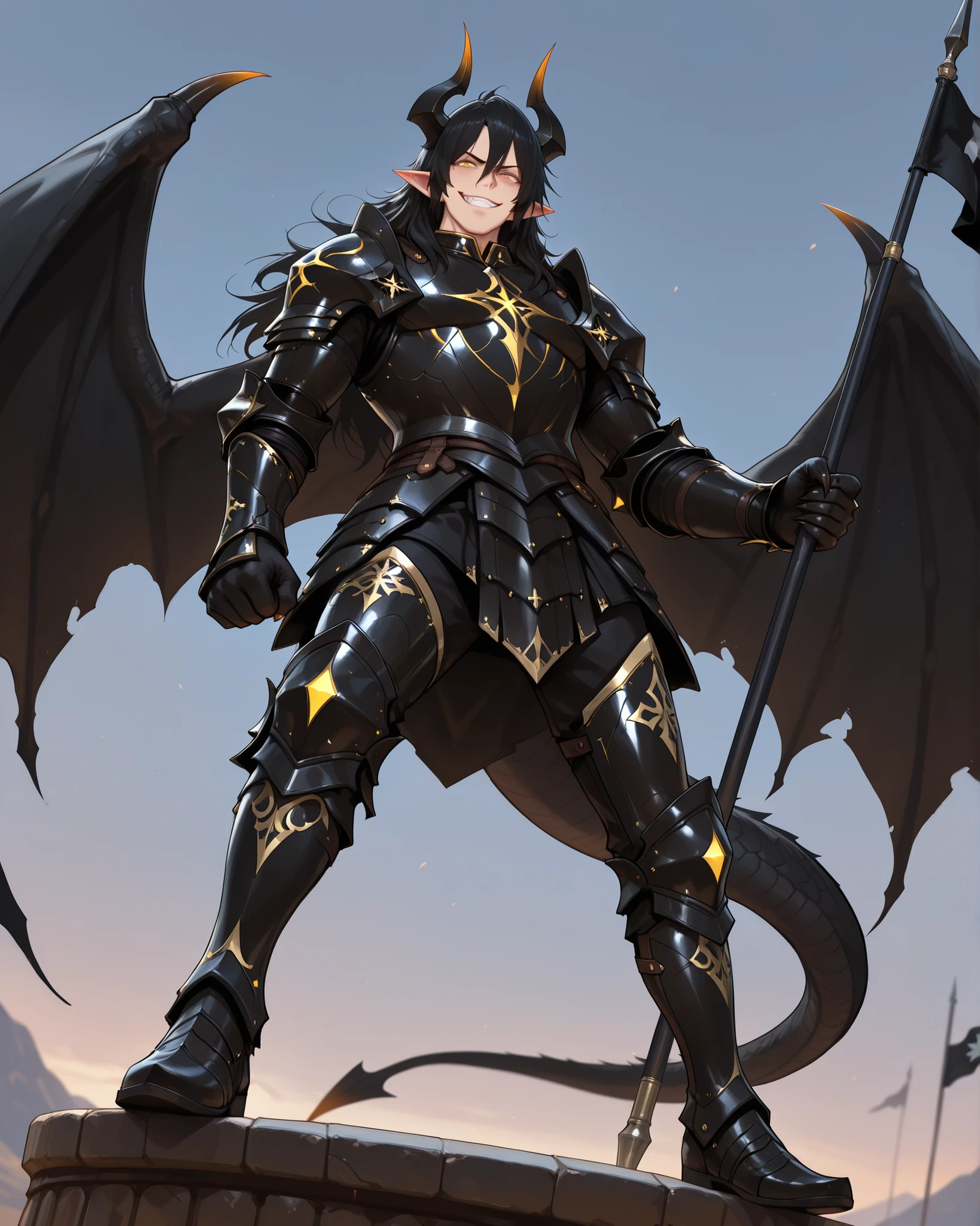 absurdres, highres, 8K, CG, ray tracing, (128K Ultra High Resolution), (masterpiece, best quality: 1. 5), (intricate detail, super detailed, extreme detailed: 1. 5), HD model, best illustration, detailed depiction, detailed line work, ((Anime)), from below, (1 male), lean body, (beautiful guy), strong body, masculine, weredragon, japanese anime style, ((glossy black, shiny black leather)), (beautiful golden eyes, finely detailed eyes, bright eyes, vertical iris: 1. 5), hair between eyes, black hair, (long hair, thick and luxuriant hair, wild hair), sideburns, (sly grin, smirk, evil smile), teeth, confident, (ultra detailed face: 1. 5), shiny skin, long pointy ears, twisted torso, long-legged, sculpted face, wasp waist, broad shoulder, slim waistlines, wide chested, sinewy body, dragon horn, dragon tail, dragon wings, dragon sharp claws, half dragon half human, ultra black and super black detailed armor-suit with glowing gold details from under the armor, (black armor with a lot of grandiose decorations), (oversized military flag, holding detailed black flag, waving flag: 1, 5), (dramatic angle), ((imposing posture)), all black outfit, dressed in black, sharp focus, good-looking man, well-polished black armor, (highly detailed artwork, detailed black decorations), ((action pose)), stark contrast, heavy shadows, beautiful and aesthetic, (mysteriously crafted black metal armor: 1. 5), a full-body warrior, true-to-life visuals, artistically refined, dramatic contrasts, (extremely delicate and beautiful armor, elaborate armor details, armor with intricate engravings: 1. 5), (glowing glitters, exquisite goldwork), ((armor-type boots)), (wonderful black armor, detailed shoulder armor with intricate engravings: 1, 5), (dark fantasy aesthetics), gorgeous and dazzling, (ultra detailed fantasy black armor, dark fantasy black knight, in a cursed dark armor, wonderful spiked armor: 1, 5), (Hyper Detailed & Perfectly Designed Black Armor: 1. 5), sky, splendid scenery background